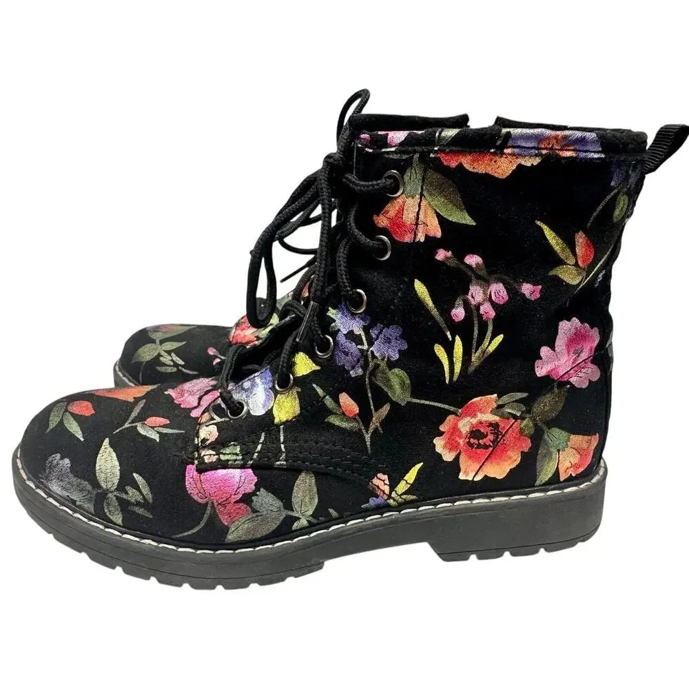 Steve Madden Betty Black Pink‎ Floral Soft Velvet Lace Up Combat Boots Girls 4